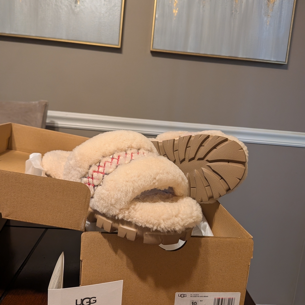 UGG Cream Fluffy Slippers with Red Accent